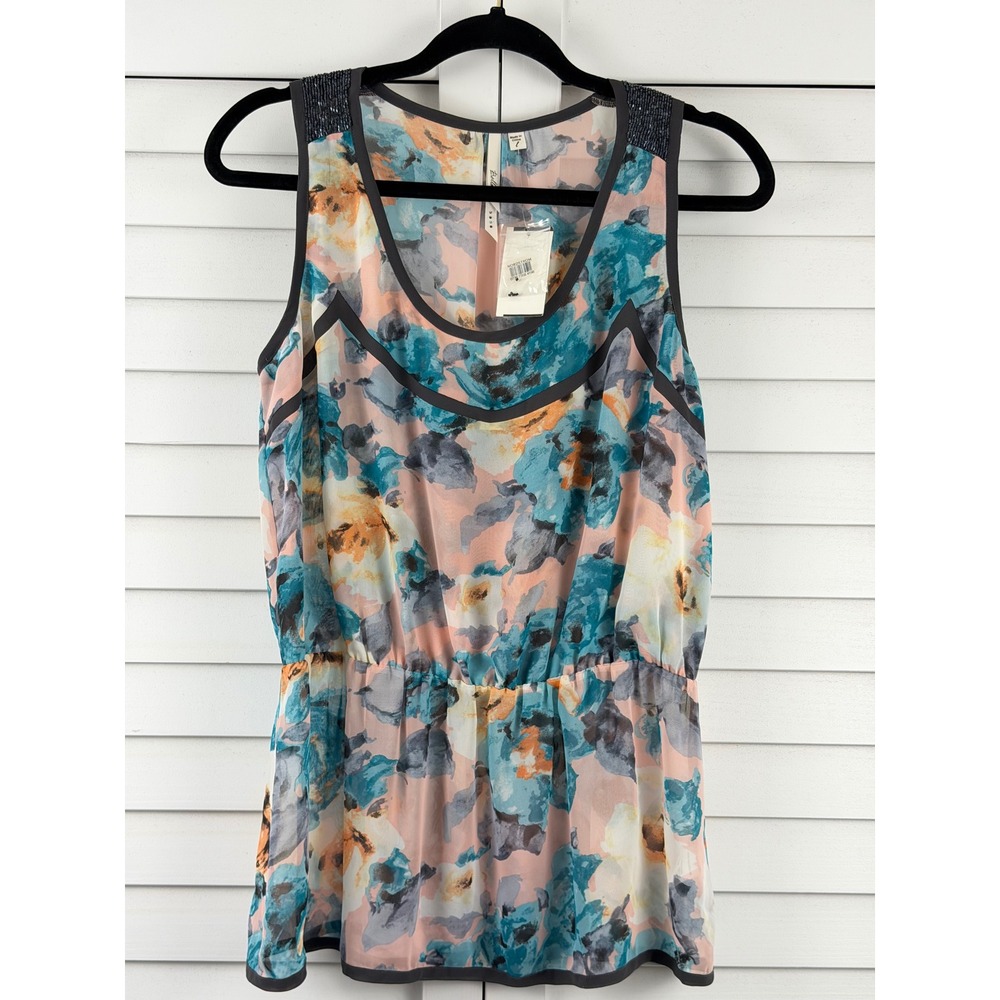 Bellatrix Peplum Tank Women L Mint Floral‎ Beaded Chiffon Sleeveless NEW